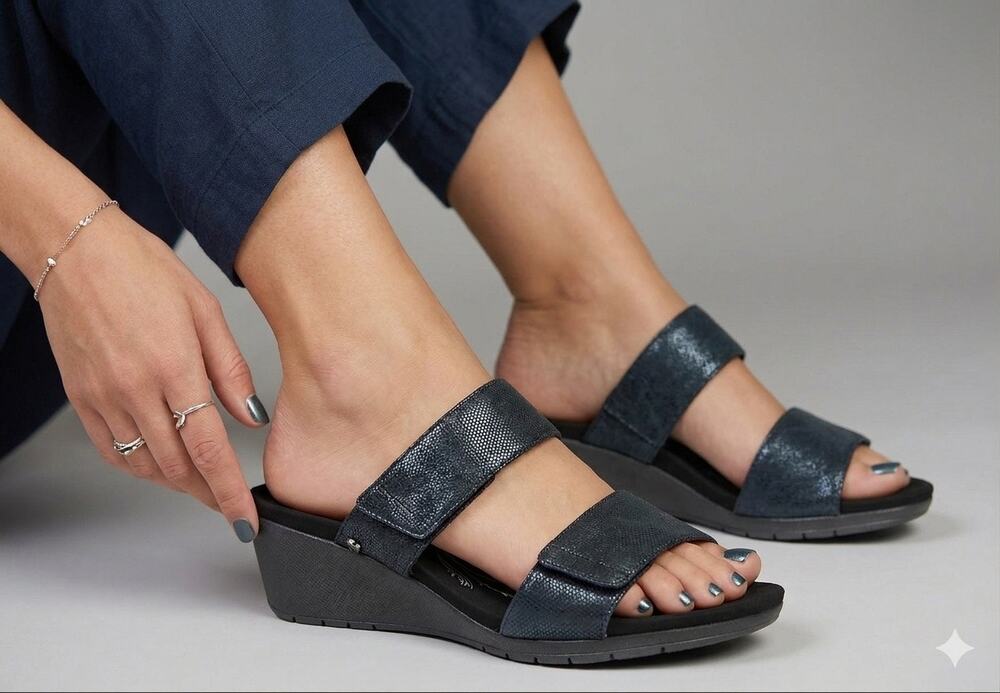 New Revere Sorrento wedge black angle sandals sz 8